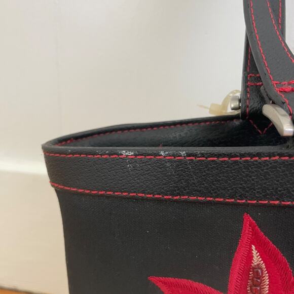 Vintage Liz Claiborne Floral Tote Bag Navy Red Embroidered Linen Cotton Boho Y2K - Picture 6 of 14